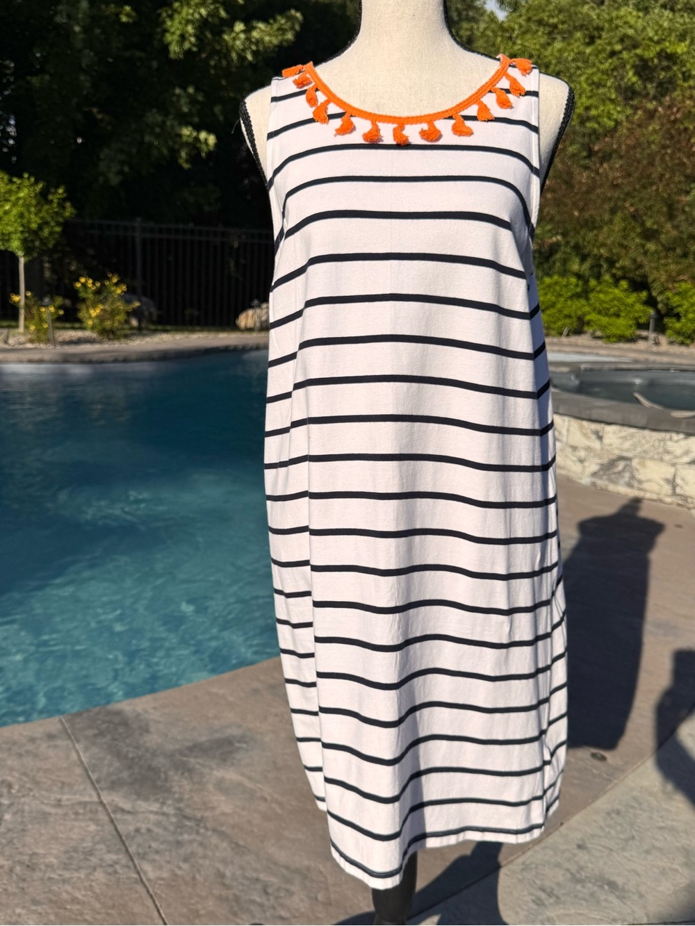 Crown & Ivy Stripe Sleeveless Shift Sun Dress Cover Up Petite M Fringe Nautical